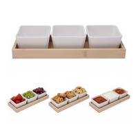 Punorric Snack Bowls & Wooden Serving Tray Set - Ceramic Tapas Dishes with Dipping Bowls, Party Serving Trays and Platters, Food Serving Trays for Home Dining Baking Catering Gift