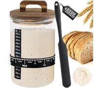 Punorric Sourdough Starter Jar Kit, 1000 ML/35Oz Sourdough Bread Baking Container with Wooden hanldle Lid Include Date Marked Feeding Band, Thermometer, Silicone Scraper, Cloth Cover Baking Supplie