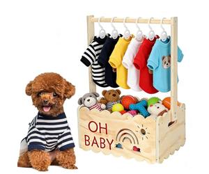 Punorric Wooden Cat Dog Wardrobe Mini Dolls Clothes Wardrobe, Dress Up Wardrobe with Storage Basket & Hanging Rod, Dolls House Accessories for Toys & Clothes, Pet Closet Crate Box