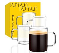 PunPun 17oz. / 500 ml Large Clear Glass Coffee Mugs Set of 4, Clear Espresso Cups, Large Wide Mouth Glass Mugs with Big Handle, Heatable Coffee Mugs for Cappuccinos and Juice Glass Cups