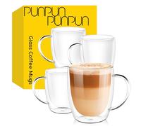 PunPun Clear Coffee Cups Set of 4, Double Wall Glass Mugs with Big Handle, Iced or Hot Beverages, Espresso Cups (380ml / Set of 4)