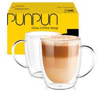 PunPun Coffee Cups Clear Coffee Mugs, Espresso Cups,Double Wall Glass Coffee Mugs with Big Handle, Clear Mugs,Perfect Glass Mugs for Hot Beverages, Latte, Cappuccinos.(380ml/Set of 2)