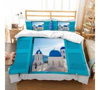 PUOJIEAT 3D Single Duvet Cover Greek Architecture Soft Microfiber Bedding Sets Greece Seascape Quilt Cover 135x200 cm and 1 Pillowcase 50x75 cm Kids Printed Bedroom Bed Set e.9571