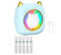 Puooifrty Mini Sticker Printer Pocket Inkless Thermal Printer Mini Thermal Inkless Printer 10 Rolls Thermal Paper, For Photo Notes Memo With RGB Light Blue