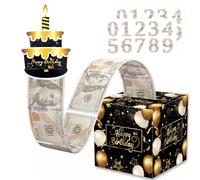 Pup Go Happy Birthday Money Box Cash Pull, Surprise Money Boxes with 2 DIY 0-9 Number Age Stickers, 50 Clear Money Bags, Cool Presents Money Pull Out Kit, Suitable for Teens & Adults (Black Gold)