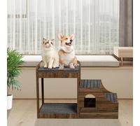 PUPIHOM Pet Window Perch with Stairs, Multi-Level Bunk Bed for Dogs and Cats, Elevated Pet Bed Couch, Wood Dog Stairs with Non-Slip Platform, Indoor Use for Large/Medium/Small Size Pets, Brown