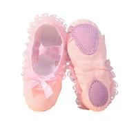 Pupils Practice Slippers - Stretch Canvas Body Shoe with Split Sole & Ribbon Bow, Non-Slip Suede Pad, Classroom Warm-up Dance Sneakers Beige