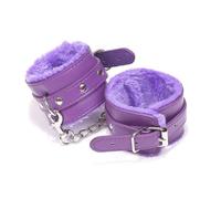 Puple Faux Leather Fluffy Handcuffs with Metal Chain Connector, BDSM Bondage Costume Hand Cuffs for Couples, Furry Roleplay Cuffs