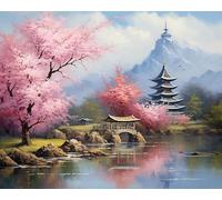 PuPLUm DIY Paint by Numbers for Adults,Cherry Blossoms and Pavilions at The Foot of The Mountain Modern Wall Art Canvas Painting Unique Gift Home Decor,40x50cm,No Frame