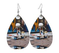 Puppet on skateboard Printed teardrop-shaped leather earrings | High-end design, light luxury earrings
