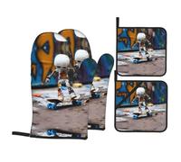 Puppet on skateboardA 4-Piece Kitchen mitt and potholder Set Printed Oven Mitts and Barbecue Party Gloves are Kitchen Essentials