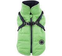 Puppia Mountaineer Winter Dog Coat with integrated harness No Pull Cold Weather Waterproof Warm Fleece Back Zipper for Small & Medium Dog, GREEN, Large