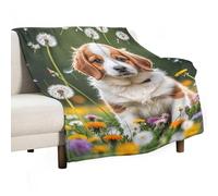 Puppies and Dandelions Blanket, Soft Flannel Fleece Blankets Quick-Dry, Lightweight Throw Blanket for Couch, Bed, Office & Travel, Ideal Gift for Family & Friends, 55"x70"