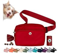 Puppington 3-in-1 Crossbody Dog Walking Bag & Treat Pouch with Matching Planet Safe Poop Bags & Built-In Dispenser - Dog Mom Gift for Puppy Training with Zippered Pockets (Ruby Red)
