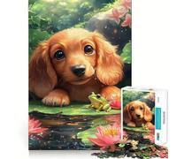 Puppy And Frog in Lily Pond Jigsaw Puzzles for Adults1000 Pieces Mind Puzzle Cozy Relax Image Assembly (38x52cm)