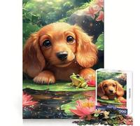 Puppy And Frog in Lily Pond Jigsaw Puzzles for Adults1000 Pieces Mind Puzzle Cozy Relax Image Assembly (38x52cm)