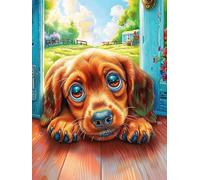 Puppy at Doorstep 500 Pc DIY Jigsaw Puzzle Fairy Tale Scenery Cartoon Puzzles for Adults Teens Hard Challenging Team Building Stress Reducing Autumn High-grade Rigid Cardboard 500 PCS