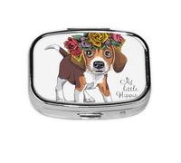Puppy Beagle Floral Head Wreath,Meta Pill Box 2 Compartment Medicine Case,Portable Organizer,Rectangle Meta Portable Organizer Pill Box 2581 Compartment Medicine Case
