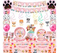 Puppy Birthday Decorations, Puppy Party Decorations & Pink Dog Tableware Set- Pink Puppy Plates Cups Napkins & Dog Birthday Banner Balloons Cupcake Toppers etc Dog Birthday Party Supplies