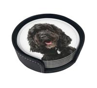 Puppy Black Cockapoo,Set of 6 Round Coasters, Pu Leather Drinks Coasters with Holder for Home Office Kitchen
