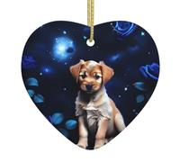Puppy Blue Rose Ceramic Christmas Heart Pendant, The Pottery Piece is Available with Silk Thread