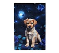 Puppy Blue Rose Picture puzzle.Wooden Jigsaw Puzzle for Adults, Unique Wall Art Decor Gift