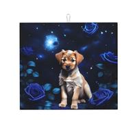Puppy Blue Rose print Dish Drying Mat for Kitchen , Ultra Absorbent Microfiber Dishes Drainer Mats by 16" x 18"