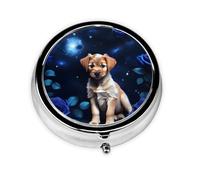Puppy Blue Rose Round Mini Pill Box: 3-Compartment Portable Metal Pill Organizer with Snap Closure, Ideal for Daily Travel Use