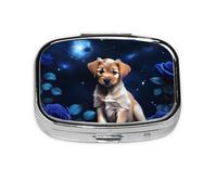 Puppy Blue Rose Square Pill Box with Full Print Design - Portable Metal Travel Case for Vitamins & Medication, 2.2x1.6x0.7 Inch.