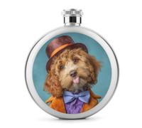 Puppy Brown Tophat Orange Ribbon Stainless Steel Hip Flask for Liquor, Round Pocket Portable Wine Flask for Drink 5 Oz
