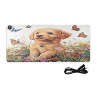 Puppy Butterfly Flowers White Print Heated Desk Mat Large Heated Desk Table Protector with 3 Heating Levels PU Leather Computer Accessories for Home Decor, 35.4x15.7in