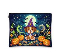 Puppy Canvas with Zipper, Fanciful Festive Pumpkins Bat Halloween Orange Portable with Zipper Mini Makeup Bag for Travel, Vanity, Bathroom Storage and Purse Organizer, Orange, 7x9 Inch, Whimsical