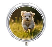 Puppy Crossing The Grass Pill Box Cute Round Pill Box 3 Compartment Decorative Pocket Purse Portable Mini Travel Medicine Tablet Vitamin Fish Oil Holder Organizer Pill Case
