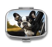 Puppy Dog Boston Terrier Pill Box 2-Compartment Portable Pill Case Square Metal Medication Organizer Small Weekly Medication Case with Mirror Stylish Vitamin Holder for Purse Pocket Travel