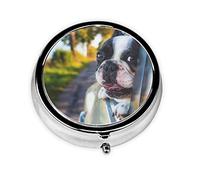 Puppy Dog Boston Terrier Print Round Pill Organizer 3 Compartment Pill Box Portable Medicine Pill Case for Outdoor Travel