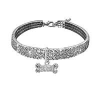 Puppy Dog Cat Collar,Shiny Three Row Rhinestone Band Necklace For Small Dog Cat With Bone Pendant Size M WhiteDurability