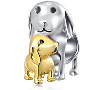 Puppy Dog Mum and Baby Charms with 2 Tone Gold Plated, fits Pandora First Mothers Day Bracelet, 925 Sterling Silver Mother Love Child Beads, Gift for Daughter/Son or Girl/Boy