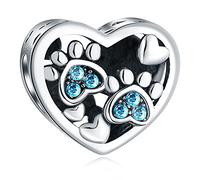 Puppy Dog Paw Print Charms with March Birthstone, fits Pandora Birthday Bracelet, 925 Sterling Silver Aqua Crystal Heart Beads, Gifts for Valentines/Christmas/Animal Lover