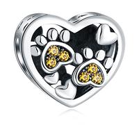 Puppy Dog Paw Print Charms with November Birthstone, fits Pandora Birthday Bracelet, 925 Sterling Silver Topaz Crystal Pet Cat Heart Beads, Gifts for Mom/Boy/Girl/Animal Lover