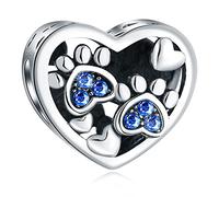 Puppy Dog Paw Print Charms with September Birthstone, fits Pandora Pet Animal Bracelet, 925 Sterling Silver Blue Crystal Cat Heart Beads, Gifts for Mom Birthday/Girlfriend