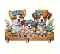 Puppy Family 5D Diamond Painting Wall Hook Coat Hook Wall Mounted Coat Rack with 3 Black Metal Hooks DIY Diamond Art Decorative Hooks Hanging Rod for Hanging Bathroom Entryway