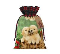 Puppy Golden Retriever Christmas Drawstring Linen Gift Bag Paired With Scottish Plaid Fabric, With A Delicate And Simple Texture