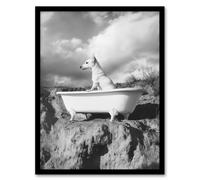 Puppy in Bathtub Black White Surreal Dog Lover Framed Art Print Artery8 Grey A4