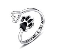 Puppy Lovers Paw Print Heart 925 Sterling Silver Adjustable Ring - Pet Animal Jewelry Creative Pierced Love Dog Cat Claw Ring - Gift for Pet Loving Friends and Families, Sterling Silver