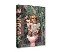 Puppy on Toilet Canvas Wall Art Animal Read Newspaper Picture 1P Tropical Plant Posters Prints Cute Modern Artwork for Living Room Bedroom Home Decor Framed Gallery-Wrapped Ready to Hang