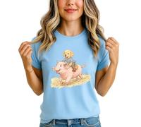 Puppy Pig Ride Animal Friends Womens Graphic T-Shirt Farm Animal Cute Pet Lover Tee XL (18-20) Sky Blue