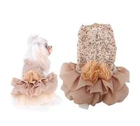 Puppy Princess Skirt, Small Dog Dress, Sequined Bubble Gown with Gauze Hemline, Pet Wedding Costume for Summer Gatherings and Photoshoots, Soft Polyester Material in Gold or Grey (L)