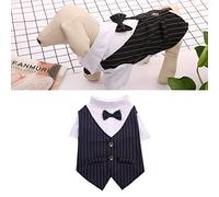 Puppy Shirt with a Bow Tie, Gentleman 2 Leg Polyester Material to Wear Navy Blue Stripes Suit for Dogs for a Wedding (XL)