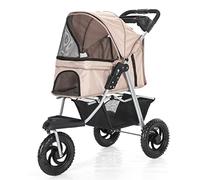 Puppy Stroller Pink Luxury Pet Stroller for Cats/Dogs, 3-Wheel Dog Strollers for Small Medium Dogs, Fold Removable Pet Buggy Travel Carriers Cup Holder + Storage Basket (Brown)