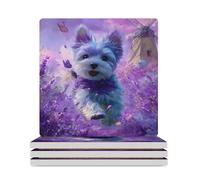 Puppy Terrier with Windmill Ceramic Coaster Set Cork-Backed for Drinks Square Heat Resistant Coasters Table Protection for Tea Coffee